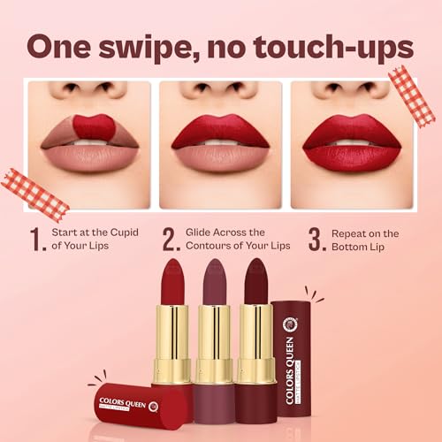 Colors Queen Lippie Pack of 3 Matte Lipsticks for Women Enriched with Jojoba Oil & Vitamin E | Lightweight & Long Lasting | Creamy Smooth Texture, Nourishing Formula | One Swipe Application (Combo - 01, 15g)