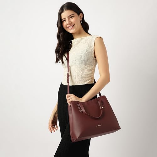 Fastrack Classic Large Satchel for Women| Sophisticated Faux Leather Bag with Gold Accents & Zip Closure | Organised Centre Compartment | Spacious 7.92L Handbag for Work | Large Satchel Bag for Women