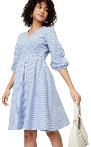Women Striped Wrap Dress, Blue, M