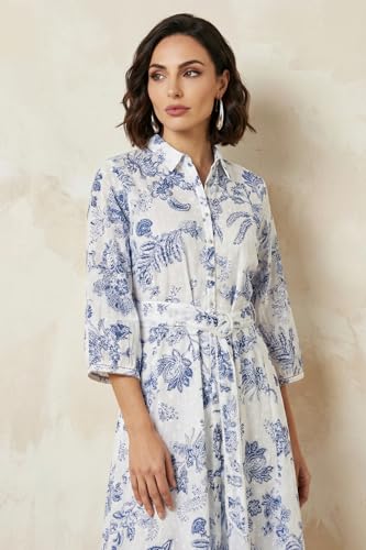 W for Woman White Floral Printed Pure Cotton A-line Shirt Dress with Fabric Belt - (W13497-126867-XL)