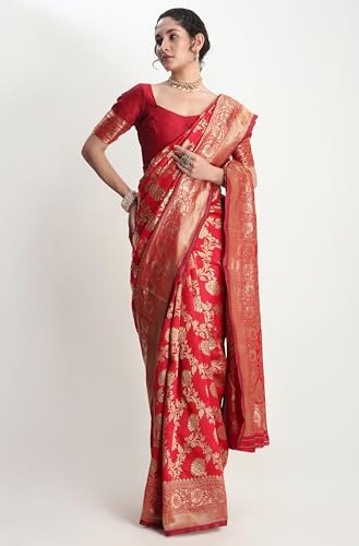 Janasya Women's Red Silk Blend Floral Woven Design Jacquard Saree with Blouse Piece