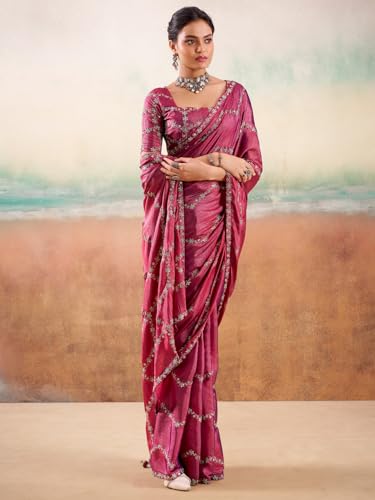 AKHILAM Women's Pink Georgette Embellished Saree With Unstitched Blouse Piece (PARINAY1004_SR)