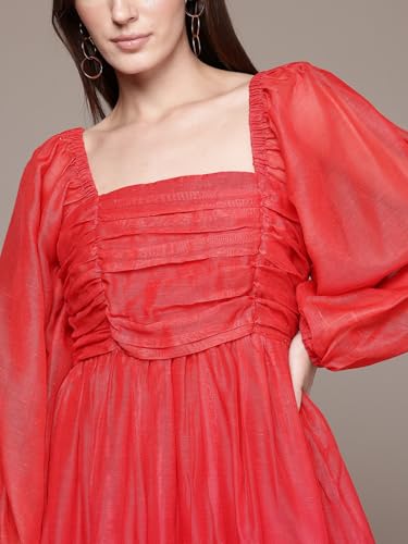 Label RITU KUMAR Square Neck Full Sleeves Ombre Long Dress Red