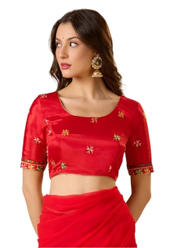 S SALWAR STUDIO Red Chinon Silk Round Neck Phulkari Readymade Blouse