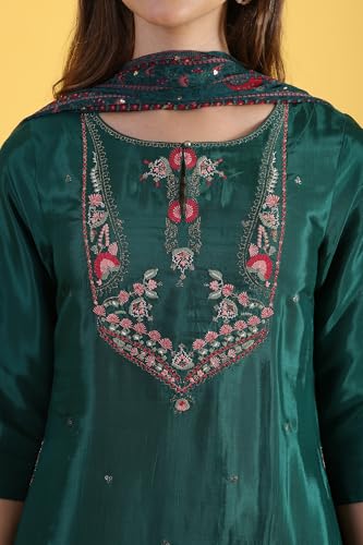 W for Woman Green Thread Embroidered Straight Kurta and Pants Set with Dupatta (Size: XL)-WS12310-119954
