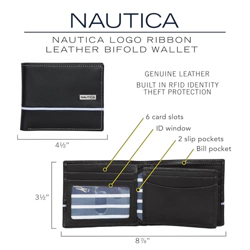 Nautica Men's Leather Logo Plate Brown Bifold Wallet, One Size