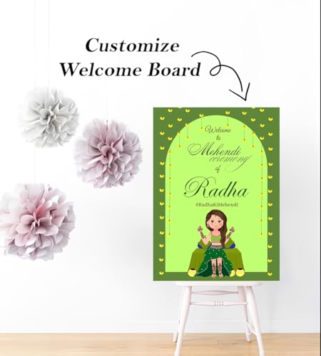 Party Perfect Designs Mehndi Welcome Board, Personalised Name & Date, Multiple Design & Colour Options, 3mm and 5mm Thickness (Mehndi Neon Green)