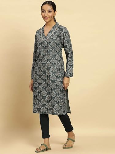W for Woman Green Printed Winter Kurta with Embroidery (Size: M)-24NOW10359-122962