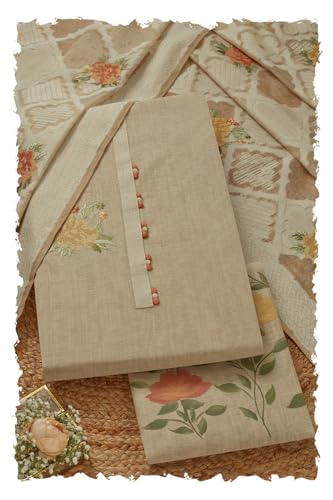 Soch Womens Beige Chanderi Floral Print Unstitch Dress Material With Thread Work