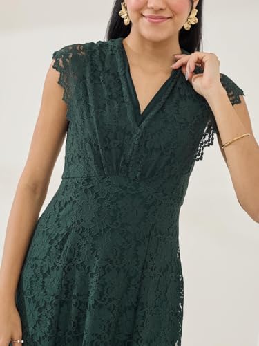 Latin Quarters Women's Green Cap Sleeve V-Neck Party A-Line Dress_M