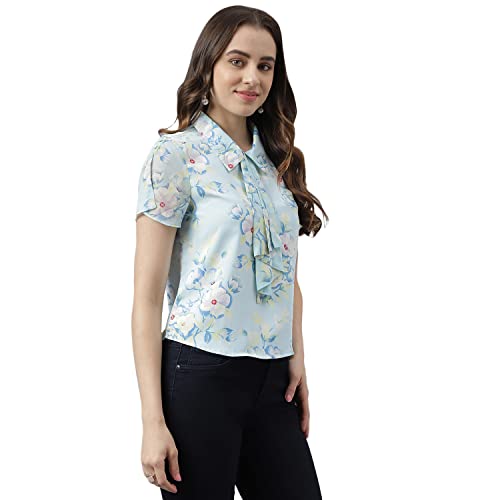 Latin Quarters Women Blue Floral Printed Cap Sleeves Shirt Top with Tie Up Neck