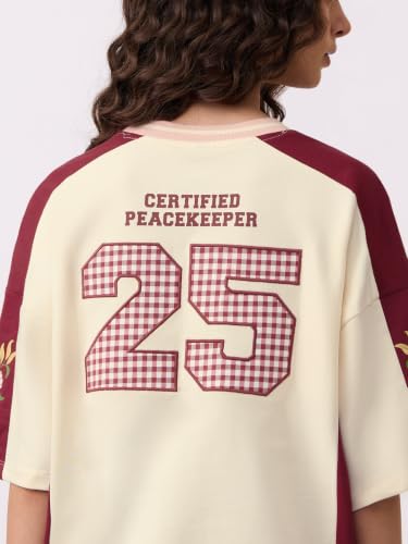 The Souled Store No Drama Women and Girls Short Sleeves V-Neck Cream and Maroon Graphic Printed Cotton Casual Drop Shoulder Breathable Lightweight All Season Oversized T-Shirts