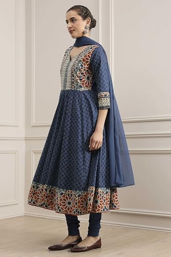 Biba Women Indigo Cotton Anarkali Printed Lehenga Set_32