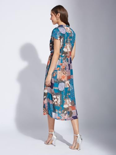 Latin Quarters Women Teal V-Neck Half Sleeve Printed A-Line Dress_L