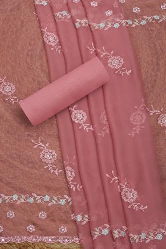 Soch Womens Peach Organza Floral Print Unstitch Dress Material With Cutdana