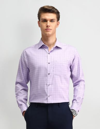 Arrow Men's Purple Checkered Spread Collar Collared Neck Full Sleeve Formal Cotton Regular Fit Shirt (ARAISH0177_Purple_44)