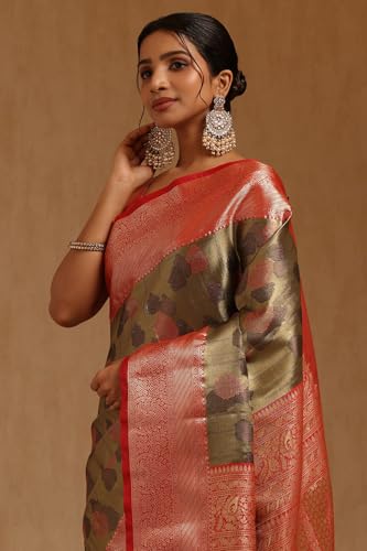 Soch Womens Olive Silk Blend Botanical Zari Woven Saree