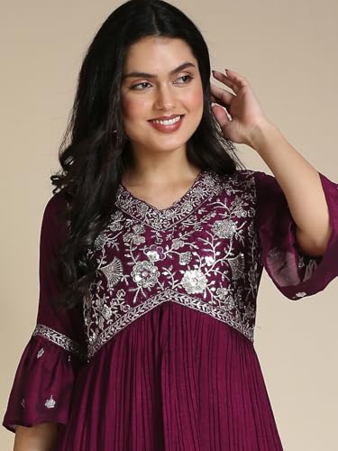 Madhuram Women's Vichitra Silk Crus Traditional Ethnic Long Gown with Sequence Embroidery Work Long Kurta(M-2445) (in, Alpha, XL, Regular, Maroon)