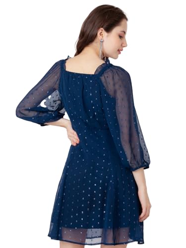 Zink London Women's Blue Self Design A-Line Short Dress