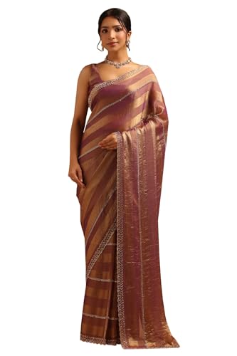 Soch Womens Purple Fendy Chiffon Striped Saree With Cutdana