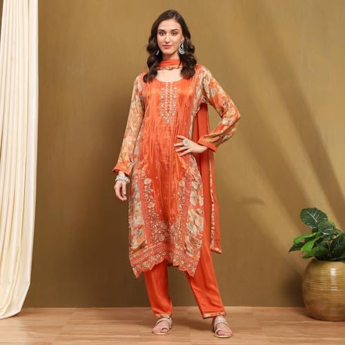 BIBA Women's Orange Viscose Blend Printed Unstitched Suit Set