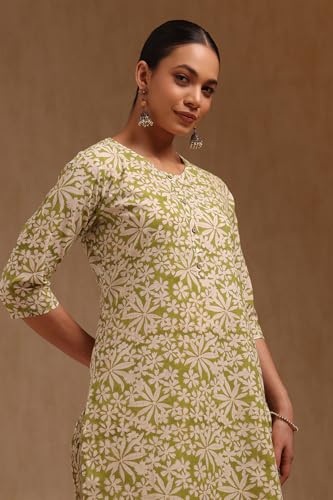 Soch Womens Green Cotton Floral Print Kurta with Thread Work