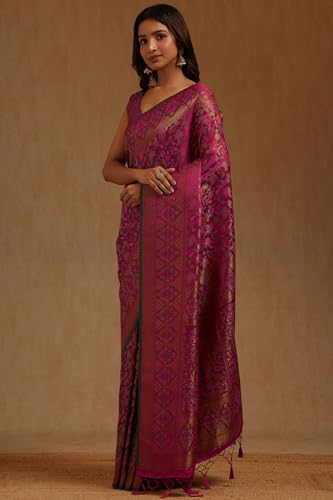 Soch Womens Magenta Tussar Floral Woven Design Saree