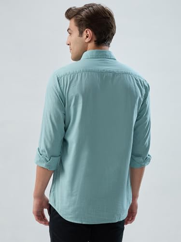 Colorplus Men Regular Fit Solid Pattern Pure Cotton Plain Collar Full Sleeve Casual Shirt Green