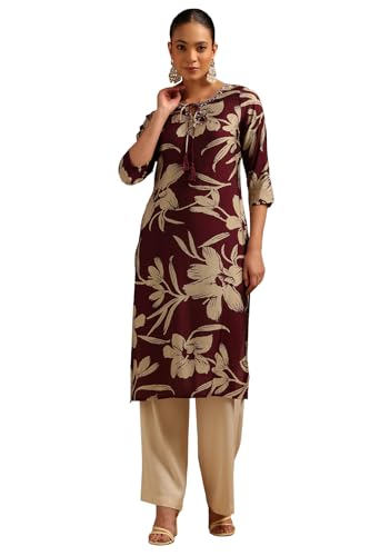 Soch Womens Wine Chanderi Floral Kurta with Beads