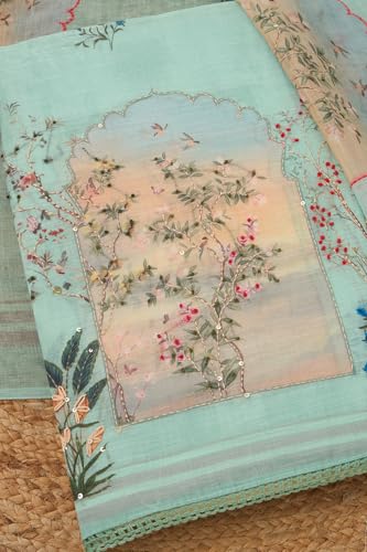 Soch Womens Sap Green Linen Blend Botanical Print Unstitch Dress Material With Thread Work