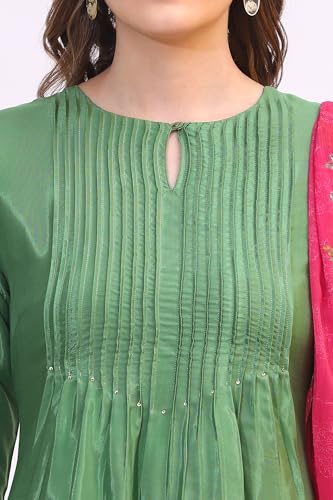 W for Woman Forest Gren Solid Floral Embroidered Shantung Kurta, Pants and Dupatta Set (Size:2XL)-WS19722