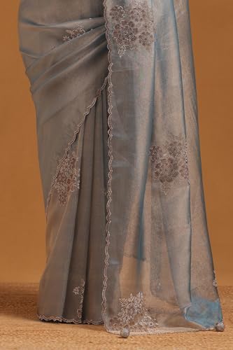 Soch Womens Blue Tissue Floral Saree With Stone Work