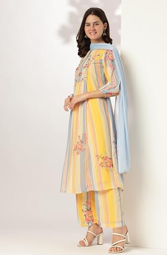 Janasya Multicolour Georgette Kurta with Pant & Dupatta for Women Embroidered Print Ethnic Wear