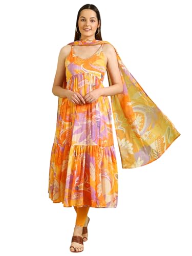 W for Woman Orange Abstract Printed Tiered Spaghetti Kurta and Leggings Set with Dupatta (Size: L)-WS11527-123741