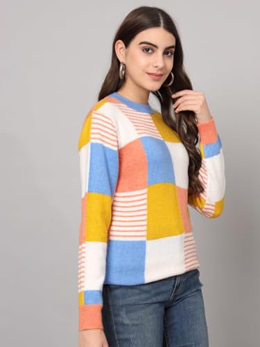 THE DRY STATE Womens Full Sleeves Round Neck Acrylic Colourblock Pullover Sweater