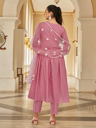 Womanista Women's Cotton Thread Alia Cut Flared Kurta With Pant And Dupatta (Kurtaset_1319_Xl)