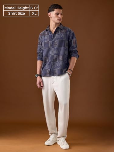 The Souled Store Nomad: Viking Men and Boys Long Sleeve Spread Collar Dark Blue Abstract Print Casual Trendy Holiday Ready Easy to Style Cotton Relaxed Shirt