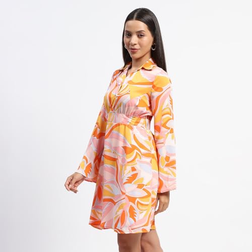 Madame Cinch Waist Abstract Print Bell Sleeves Orange Dress