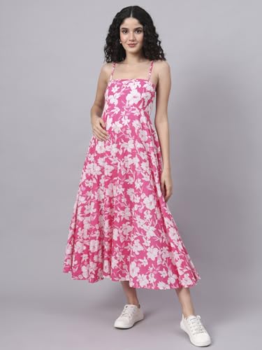 Divena Pink Floral Shoulder Straps Cotton Dress