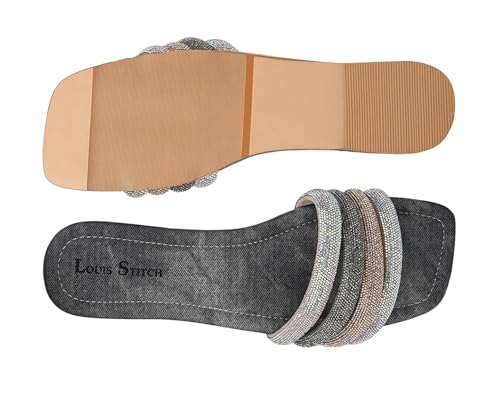LOUIS STITCH Women’s Fashion Flat Slip-On Sandals | Open Toe Grey Glitter Strap Flat Slipper for Ladies, Comfortable Slipper | LSOF-LDSL-GLFSGY | (UK-5)