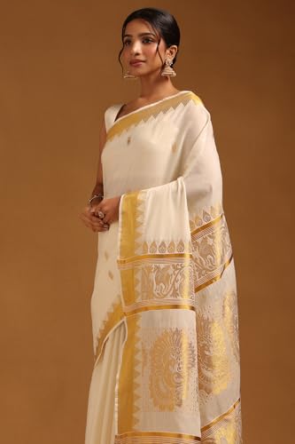 Soch Womens Cream Cotton Zari Woven Kasavu Saree
