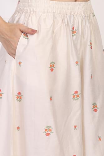 W for Woman Off-White Floral Print Lace Straight Kurta with Inner Flared Pant and Dupatta Set (WS13083-126482-S)