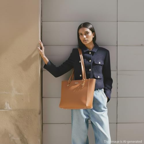 Fastrack CityStride tan Tote | Faux-Leather Women’s Handbag | Saffiano-Textured Tote for 14-Inch Laptop with Dual Compartments