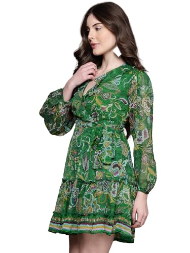 Label RITU KUMAR Green Alanna V Neck Short Dress with Belt