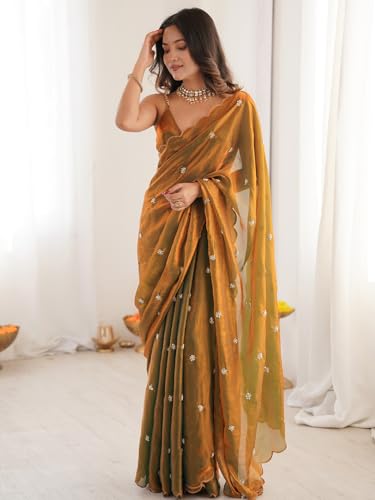 AKHILAM Women's Shimmer Gold Soft Fandy Silk Saree With Hand Work Embroidered Saree With Unstitched Blouse peice