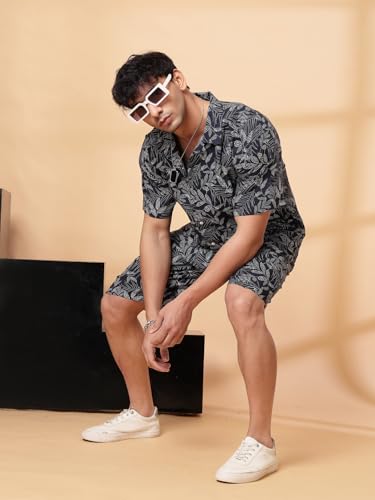 Rigo Printed Co-Ord Set for Men's | Casual Shirt & Shorts Night Suit Set | Lounge-wear Nightdress Pajama Set for Men's | Night Wear, Beach Wear, Vacation Wear Outfit Azure Blue