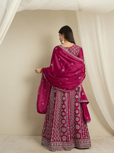 Miss Ethnik Women's Maroon Chinon Stitched Gown With Dupatta Full Sleeve Embroidered A-Line Gown (MEY-1236-Maroon-3XL)