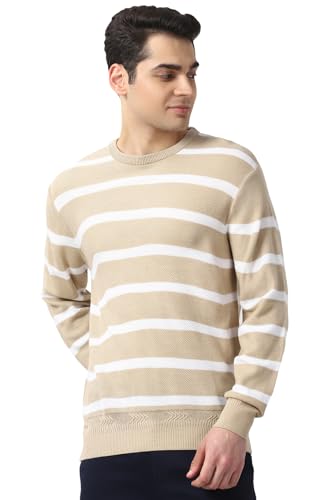 Men Beige Stripe Crew Neck Sweater