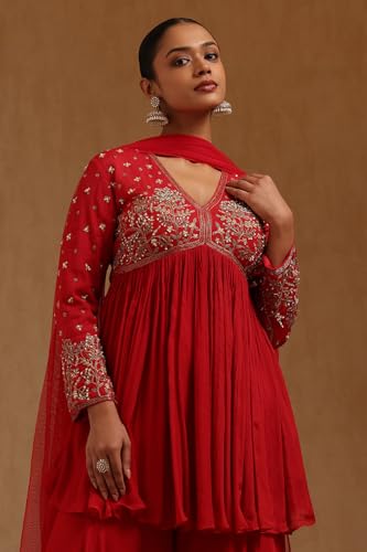 Soch Womens Red Chinon Hand Embroidered Suit Set With Cutdana