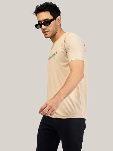 T-70 Men's Printed Round Neck Half Sleeves Poly-Cotton T-Shirt | Color - Fawn | Size - L (254)
